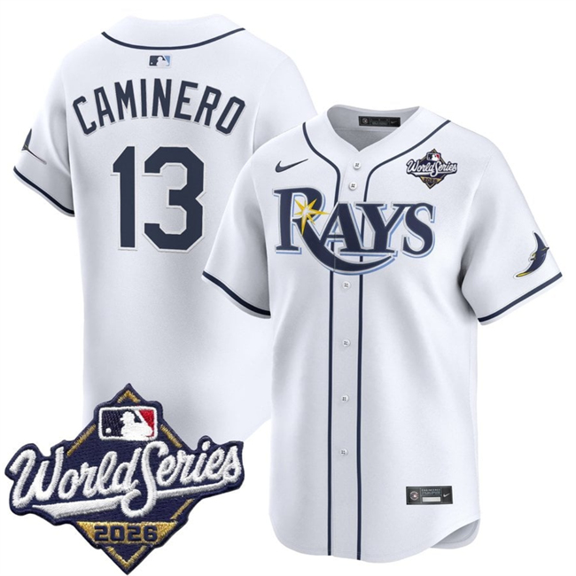 Men's White Tampa Bay Rays #13 Junior Caminero 2026 World Series Home Limited Stitched Baseball Jersey